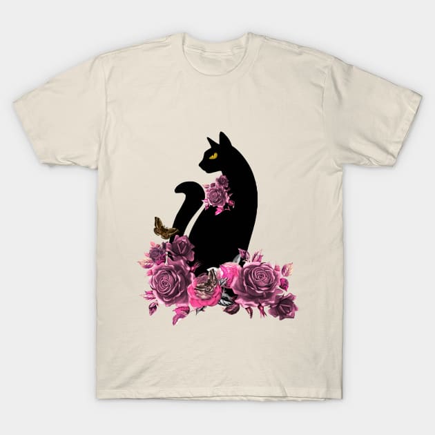 black color cat with butterfly moth and flowers, cats lovers design T-Shirt by Collagedream